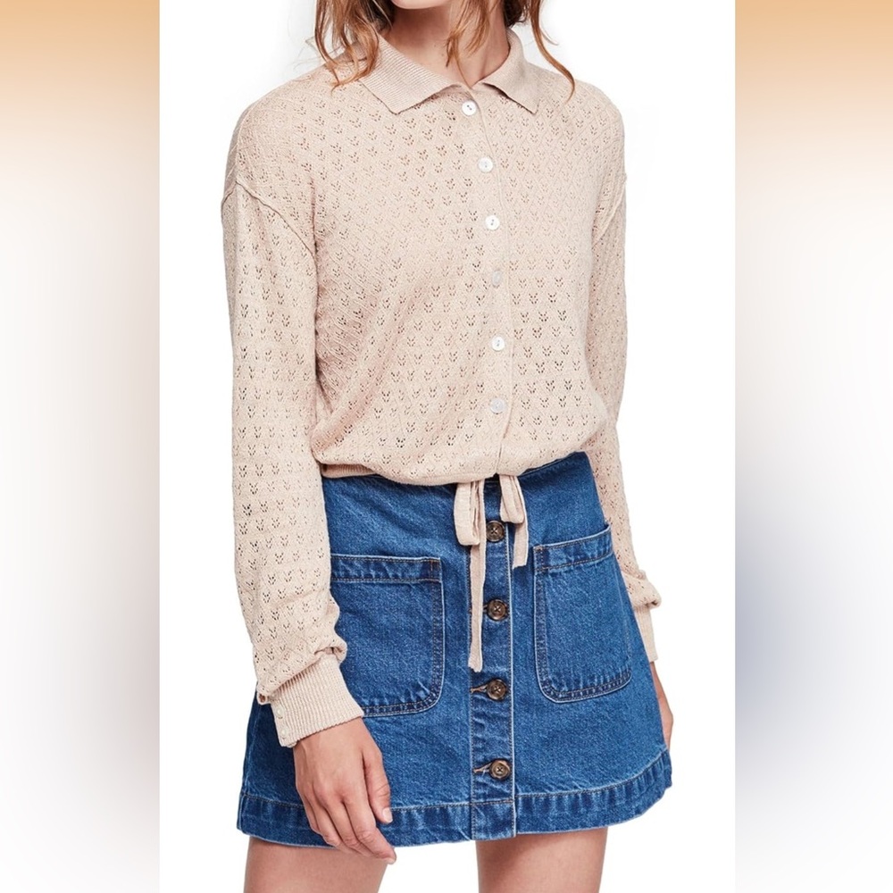 Free People Womens Tie-Front Cardigan Sweater, Beige, Small